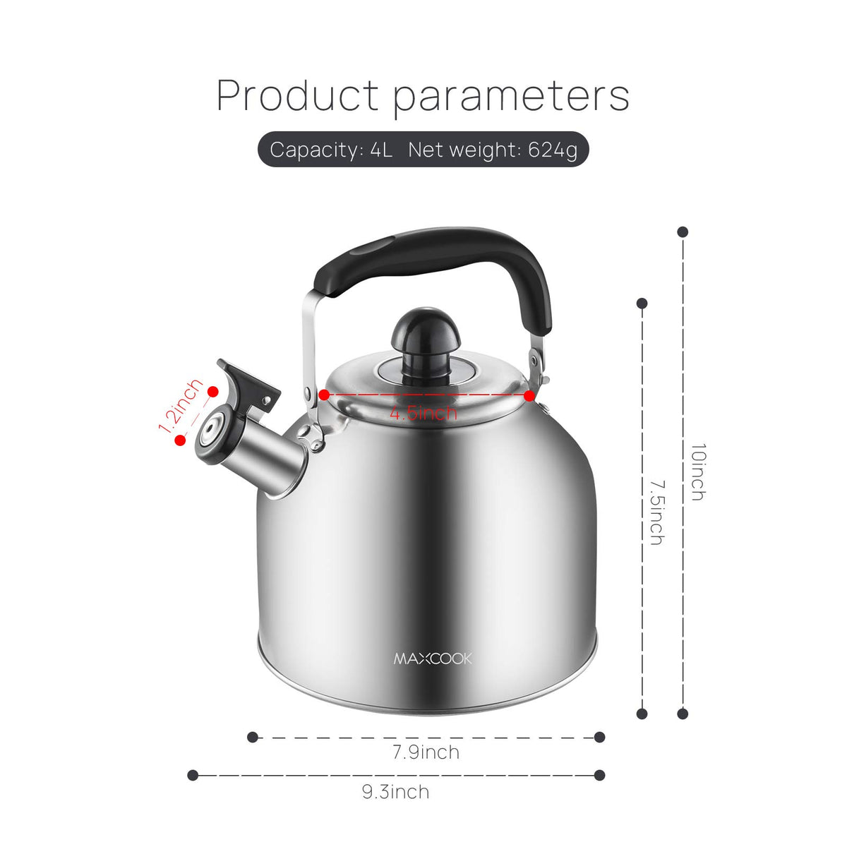 MAXCOOK 4.2 Quart/4L 18/8 Stainless Steel Whistling Tea Kettle