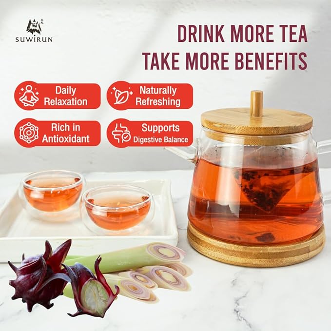 Suwirun Organic Lemongrass & Roselle Tea 25 Bags – Product of Thailand – Tangy Hibiscus & Citrus Herbal Blend, Caffeine-Free, No Calories