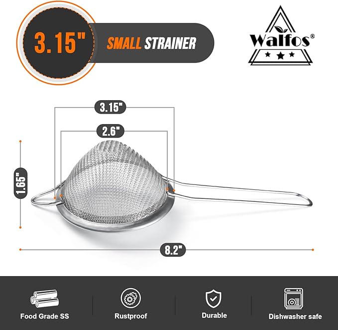 Walfos Small Fine Mesh Strainer for Cocktail & Tea, Mini Stainless Steel Sieve with Handle, 3.15 Inch Metal Strainers for Juicing, Coffee, Drinks
