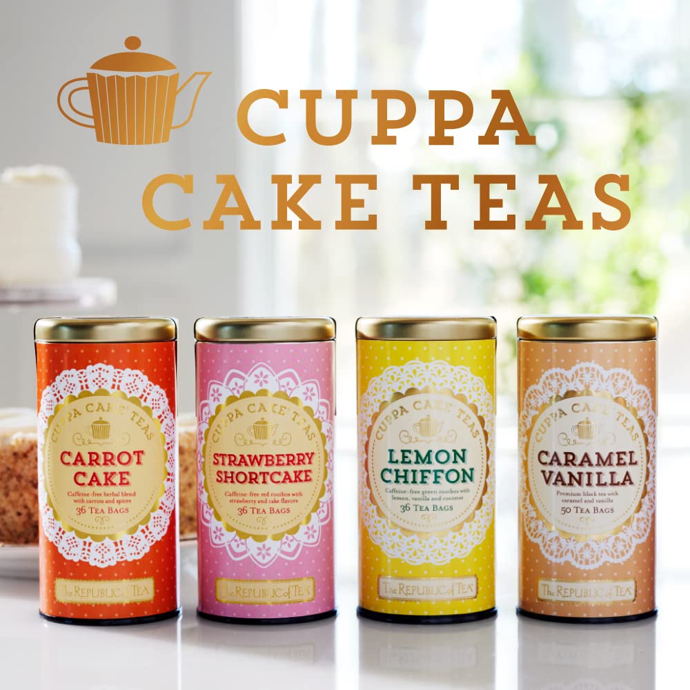 The Republic of Tea Cuppa Cake Strawberry Shortcake Herbal Tea, 36 Count | Caffeine Free. Suitable for day or evening sipping. Bright with a tart finish. Gluten Free and Kosher. Made with hibiscus.