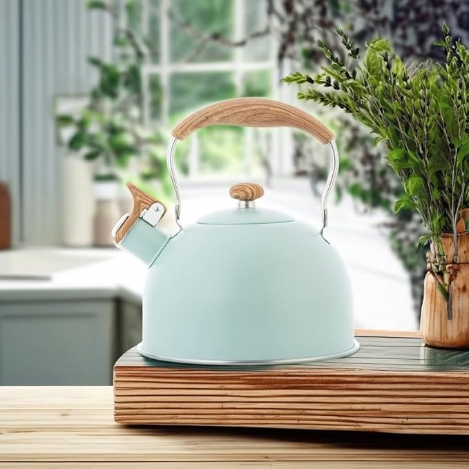 Whistling Stainless Steel Diamond Pattern Tea Kettle with Wood Grain Anti Heat Handle