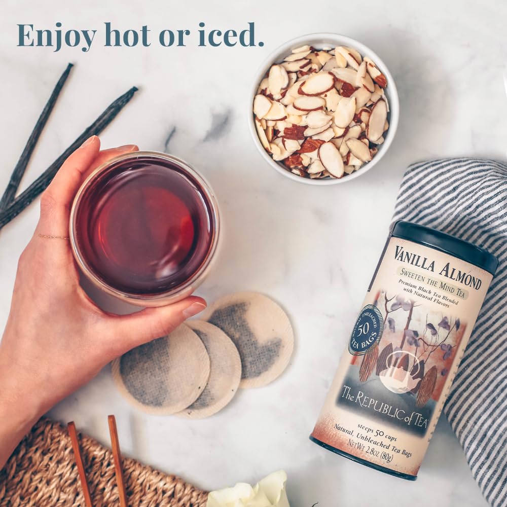 The Republic of Tea Vanilla Almond Black Tea, Naturally Caffeinated, 50 Ct | Made for morning or afternoon sipping. Brisk and full-bodied with notes of soft sweetness. Gluten Free and Carb Free.