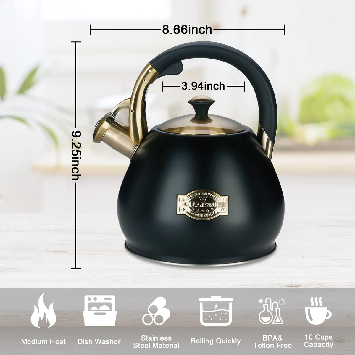 Lazneyru Tea Kettle Stovetop Whistling Kettle Teapot, 3Quart Tea Pot Stainless Steel Teakettle for Stove Top with Heat Proof