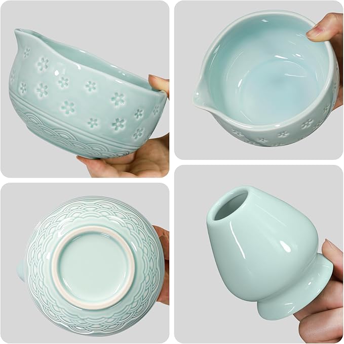 AANQQ Matcha Whisk Set: 7-PCS Matcha Set Whisk & Bowl Kit - 19OZ/560ml Ceramic Matcha Bowl with Spout - Matcha Starter Making Kit Ceremony Gift for Japanese Tea Lovers/Kitchen/Office (Blue)