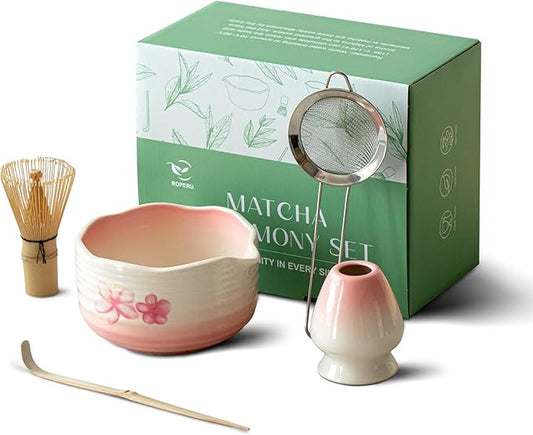 Pottery Matcha Set - Japanese Handcrafted Matcha Tea Bowl Mineral Glaze Bowl with Spout, Bamboo Whisk, Scoop & Chasen Holder | 5pc Tea Ceremony Kit for Matcha Lovers (Sakura Fubuki)