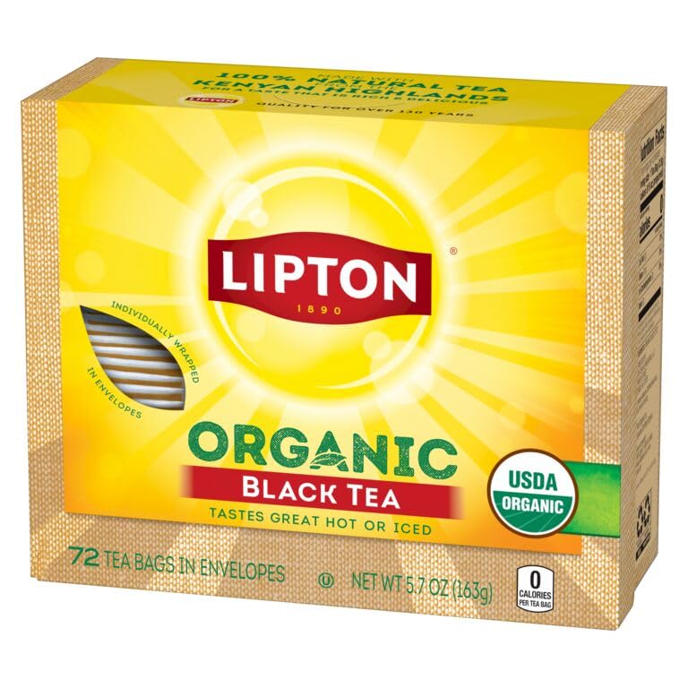 Lipton Organic Black Tea Bags, 360 Count (72ct 5-Pack) | 360-Ct. Individually Wrapped Lipton Organic Black Tea Bags with Caffeine. Rainforest Alliance Certified served Hot or Iced