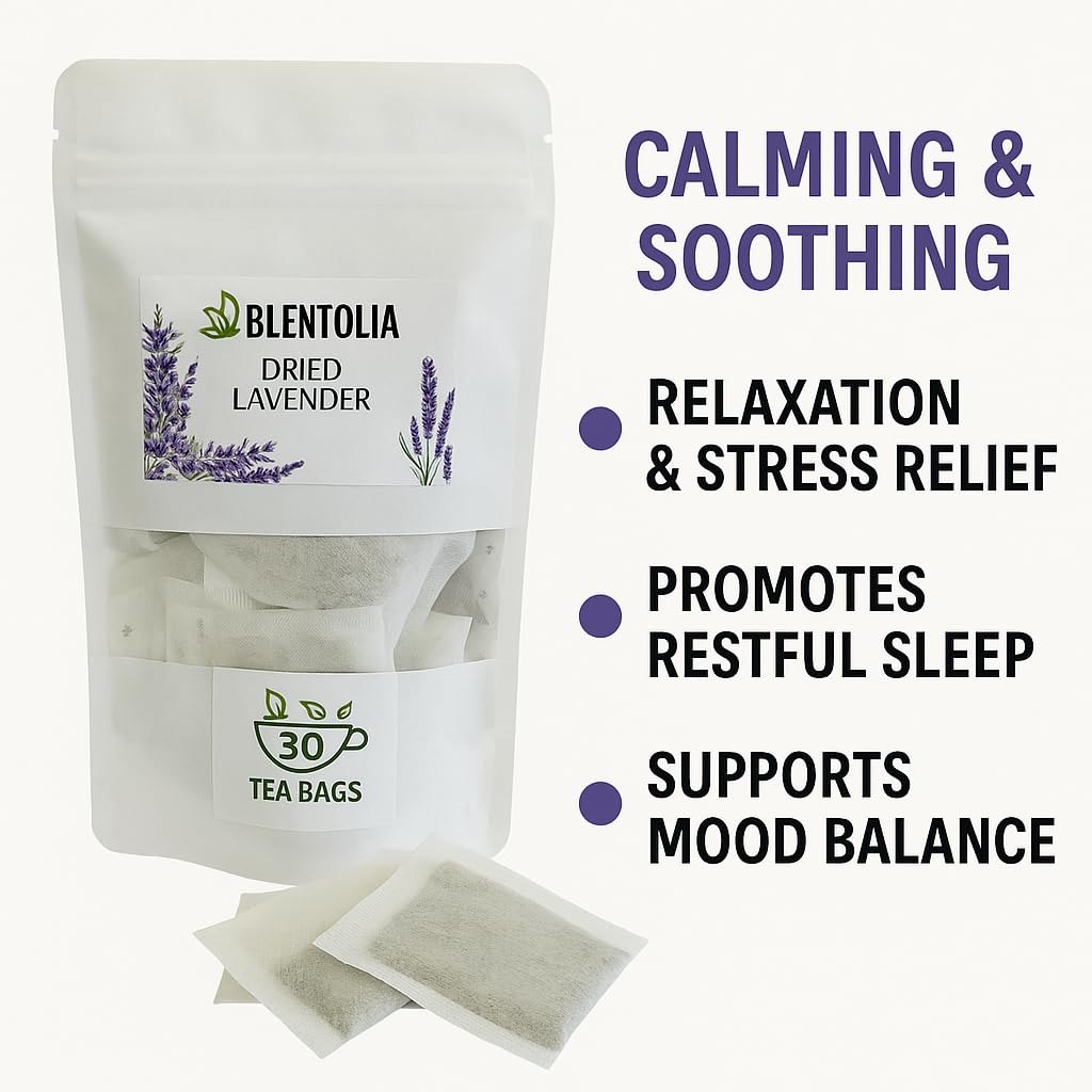 Blentolia Lavender Tea Bags – 30 Count – Caffeine-Free Herbal Tea – Dried Lavender Flower Infusion for Relaxation, Sleep & Aromatherapy