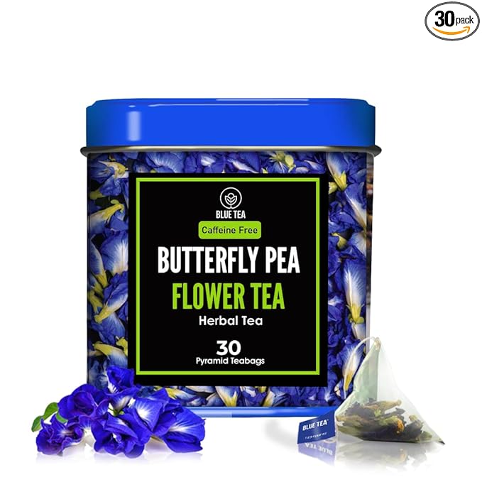 BLUE TEA - Butterfly Pea Flower Tea - 30 Count - Pyramid Plant Based Tea Bag | ANTIOXIDANT RICH | Caffeine Free - Detox Tea - Flower Based - Herbal Tea - Non-GMO | Tin Pack