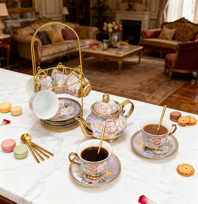 CHANJOON Gold Plated Red Rose Ceramic Tea Set, Vintage Tea Sets with Teapot, Beautiful Tea Set Coffee Serving 6 People (Purple, X Large)