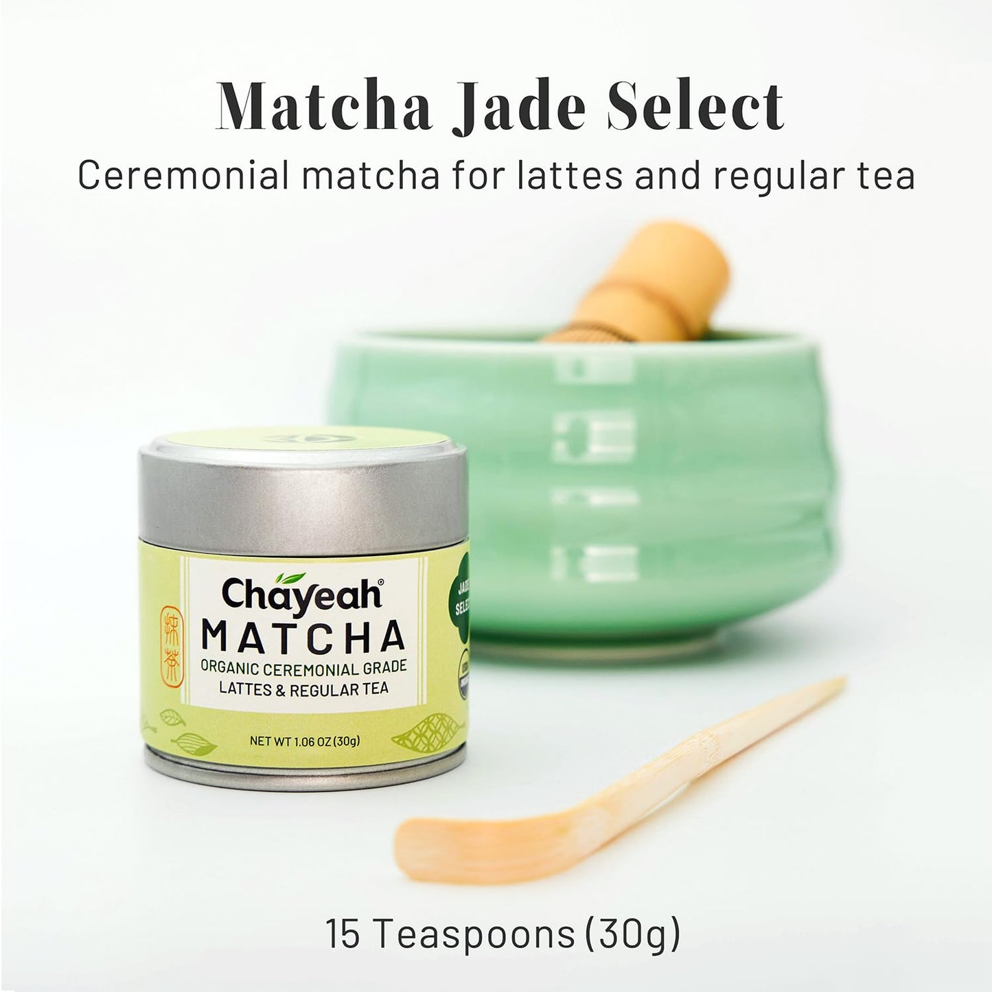 CHAYEAH, Jade Select Matcha – Organic Ceremonial Grade Matcha Green Tea Powder for Lattes & Everyday Matcha, First Harvest (1.06 oz Tin)