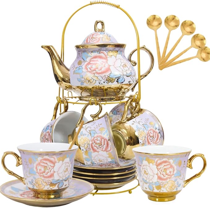 CHANJOON Gold Plated Red Rose Ceramic Tea Set, Vintage Tea Sets with Teapot, Beautiful Tea Set Coffee Serving 6 People (Purple, X Large)