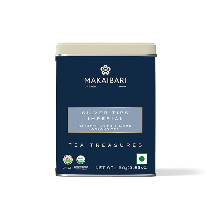 Makaibari Silver Tips Imperial Tin Caddy | Award Winning Organic Oolong Handmade Whole Leaf Tea | 50 Grams