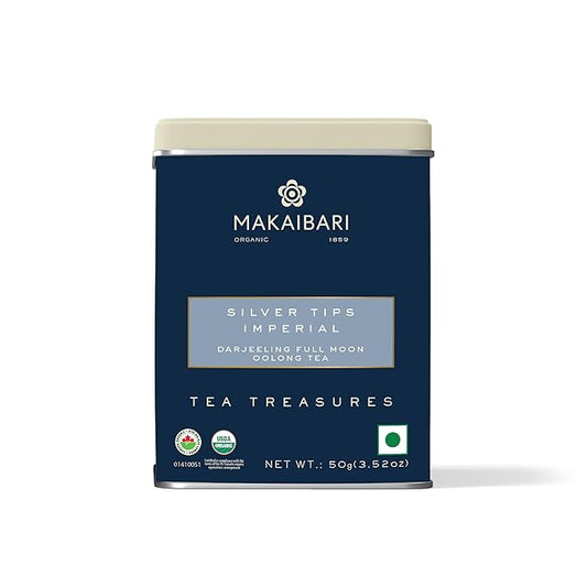 Makaibari Silver Tips Imperial Tin Caddy | Award Winning Organic Oolong Handmade Whole Leaf Tea | 50 Grams