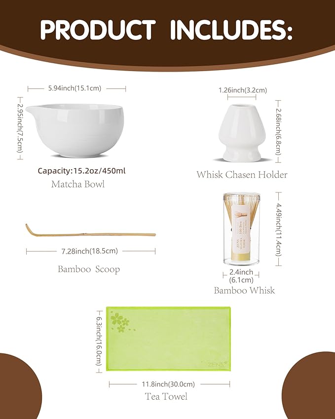 Zens Matcha Whisk Set, 5pcs Matcha Kit Set Includes Ceramic Bowl, Bamboo Whisk and Chasen Holder