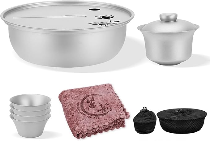 Portable Titanium Tea Set Lightweight 130ml Gaiwan & 4 Mini Teacups Storage Water Tea Tray Outdoor P