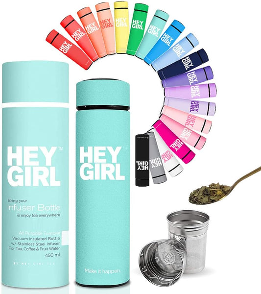 Hey Girl Tea Infuser Bottle 450ml - Insulated Stainless Steel Water Bottle - Tea Tumbler with Tea Diffuser - Portable Travel Mug for Loose Leaf Tea &amp; Infused Water - Tea Lovers Gifts for Women
