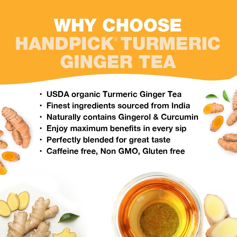 HANDPICK Organic Turmeric Ginger Tea (100 Count) Daily Wellness Tea,Non GMO