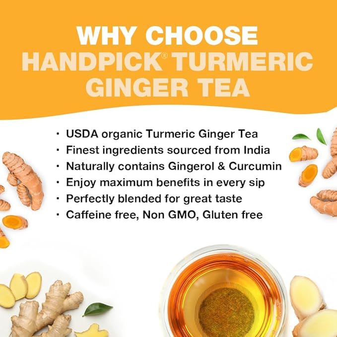 Handpick, Ginger Tea Bags (100 Herbal Tea Bags), Authentic Indian Origin, Caffeine Free & 100% Pure Ginger Root, Round Eco Conscious Teabags