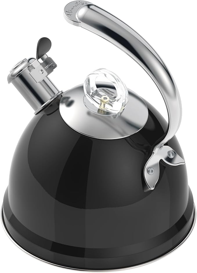 Harriet Tea Kettle Stovetop, 2.5 QT Whistling Stainless Steel Teapot, 3-Layer Base, Unique Ergonomic Handle, Includes Pot Holder & Mat