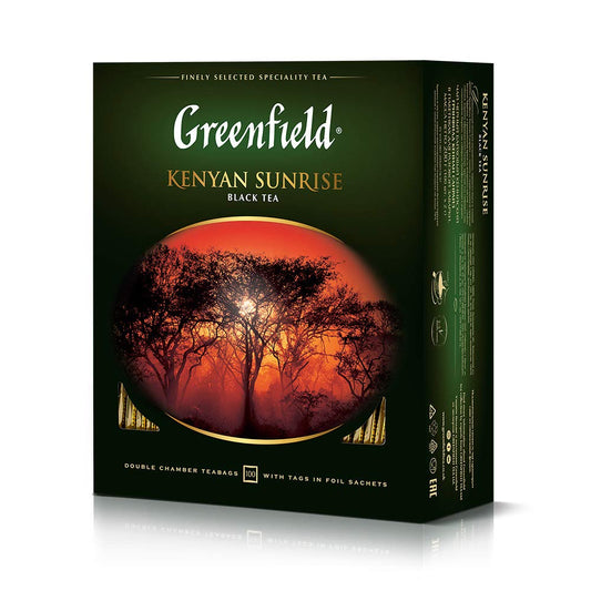 Greenfield Kenyan Sunrise Black Tea - 100 Individually Wrapped Tea Bags - Bold and Rich Kenyan Black Tea from Kericho Highlands - Single Origin Afternoon and Breakfast Tea - 7.05 oz