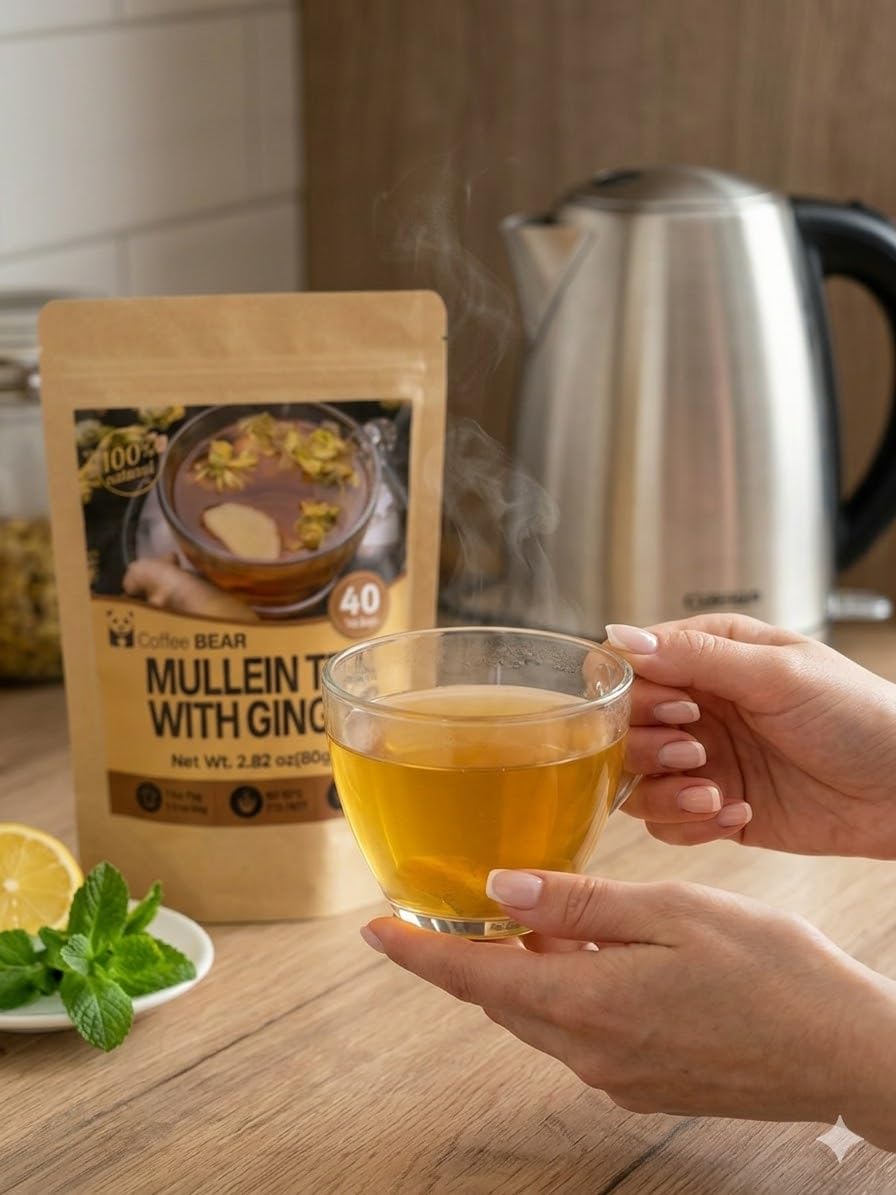 Mullein Tea with Ginger – 40 Tea Bags (2.82 oz) – Herbal Tea Blend for Lung & Respiratory Support – Caffeine-Free Natural Detox & Soothing Tea – Smooth Earthy Flavor