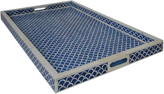 Hansa Handmade Bone Inlay Serving Tray Rectangle Tray Geometrical Pattern Decorative with Handles Trays for Tea & Breakfast