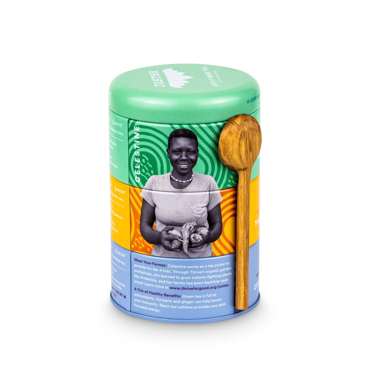 JusTea ASSORTED TEA TRIO 3 Flavour Variety Pack, 45+ Cups Tin with Spoon | Fair-Trade ASSORTED TEA TRIO. 3 Loose Leaf Teas in Stacking Tins with a Hand-carved Tea Spoon, 110g/3.9oz. Variable Caffeine