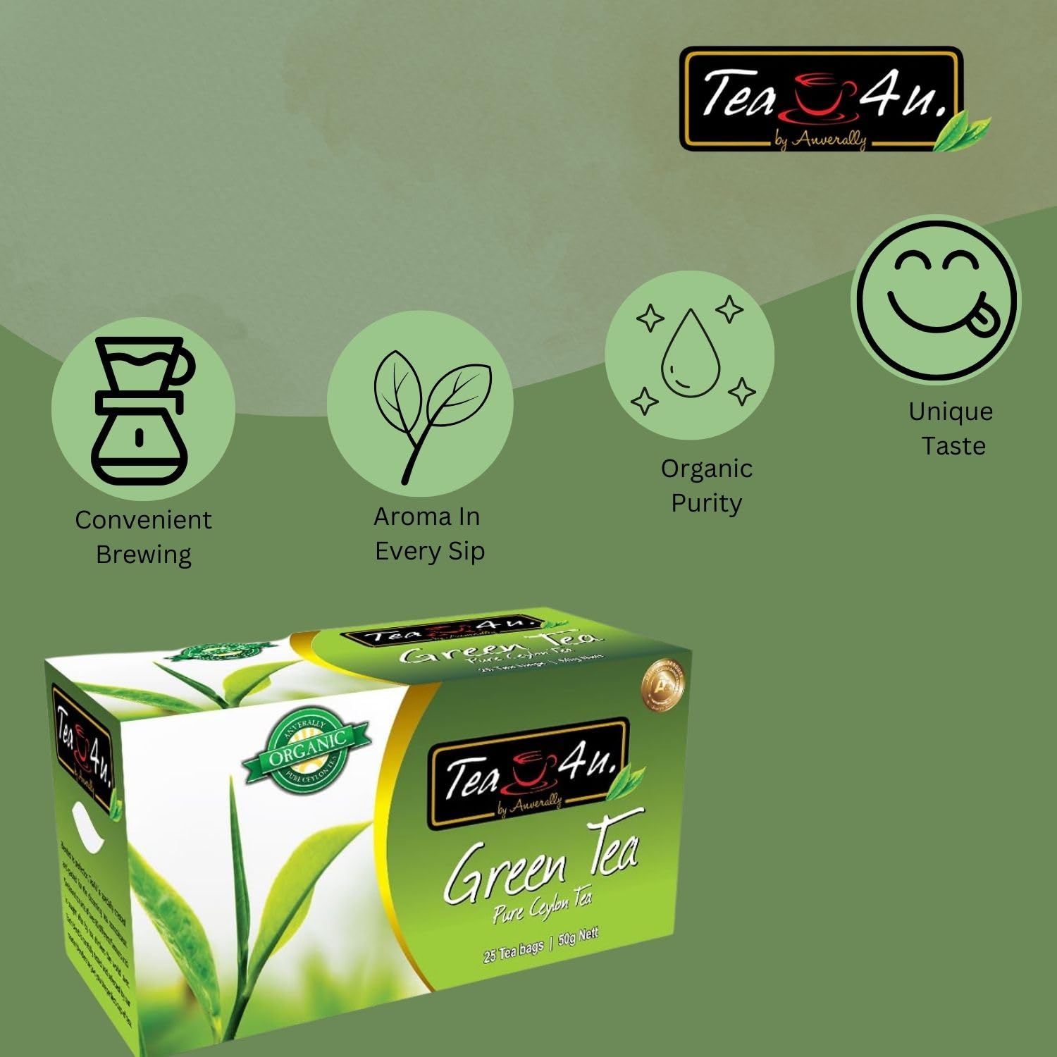 Tea4U Organic Green Tea, Ceylon TeaBags - Handpicked Leaves from the Finest Tea Estates and Expertly Blended - 25 Count