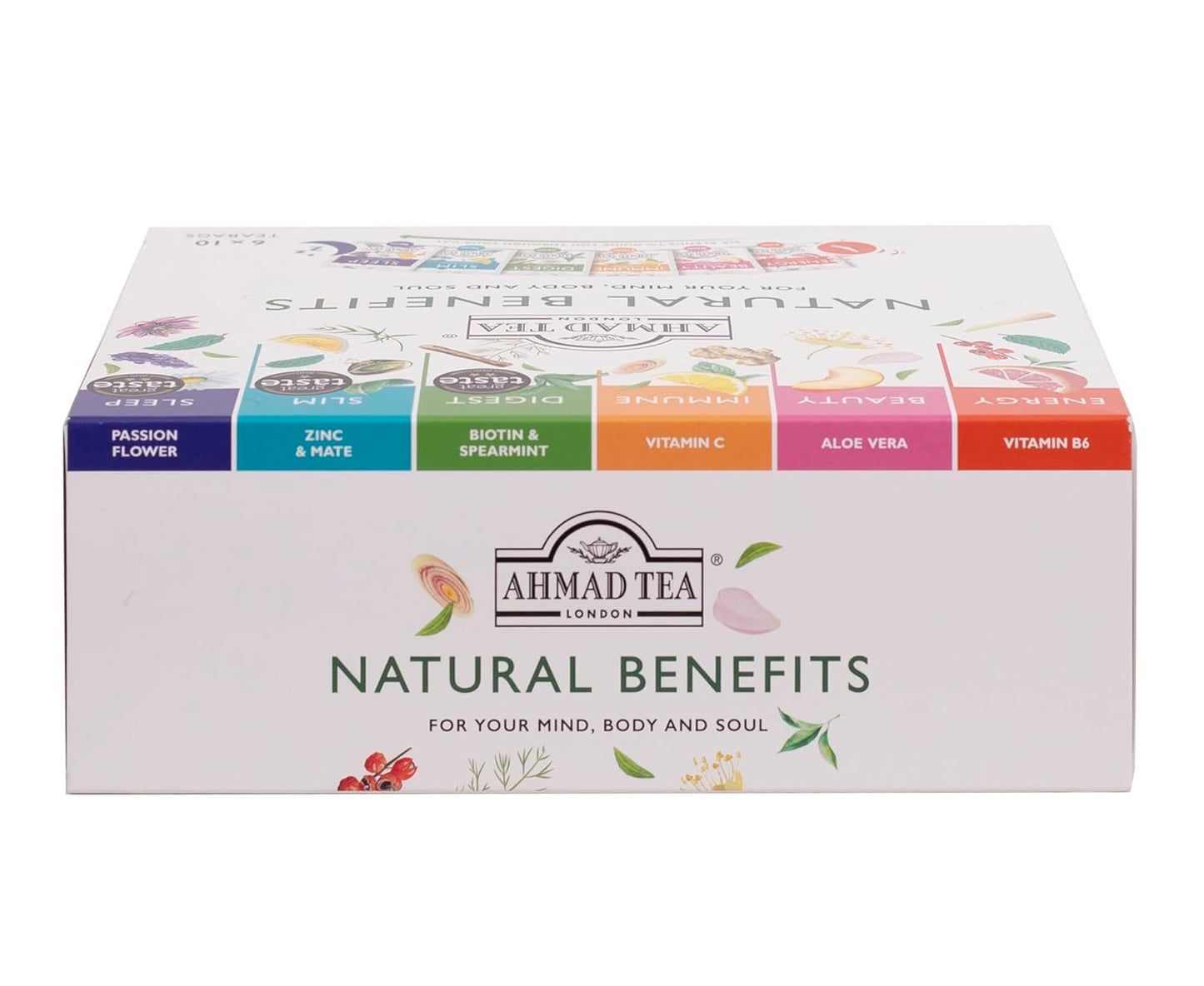 Ahmad Tea Natural Benefit Functional Tea Selection Pack | Green teas, Fruit & Herbal Infusions | Perfect herbal tea gift - 60 Teabag Sachets | 6 blends