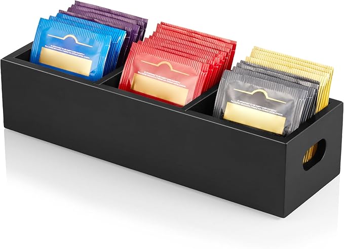 DRASTAR Tea Bag Organizer, Black Wooden Tea Bag Holder, Tea Storage Containers with 3 Slots, Sugar Packet Holder, Tea Bag Caddy Box for Countertop