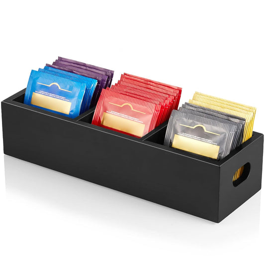 Drastar Tea Bag Organizer, Black Wooden Tea Bag Holder, Tea Storage Containers with 3 Slots, Sugar Packet Holder, Tea Bag Caddy Box for Countertop