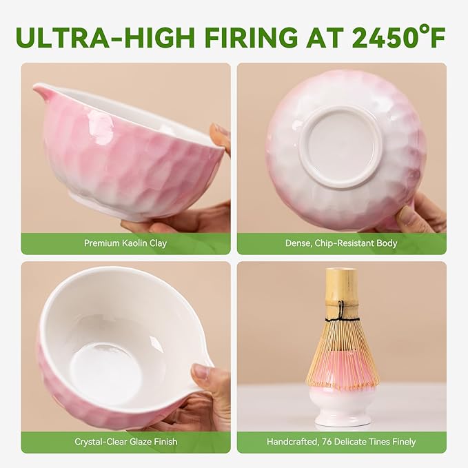 Matcha Whisk Set, Pink Ceramic Matcha Bowl with Spout, Bamboo Whisk, Sifter – 8-Piece Matcha Kit for Home, Yoga & Gifts – Matcha Lovers & Japanese Tea Culture