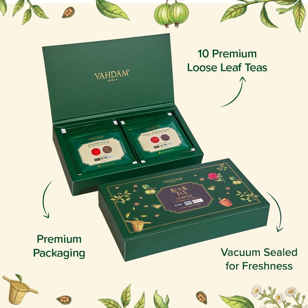 VAHDAM, Assorted Black Tea Loose Leaf Tea Gift Set (10 Flavors) Gift Ideas for Women & Men | Directly Sourced From Assam and Darjeeling | Resealable Ziplock Pouch