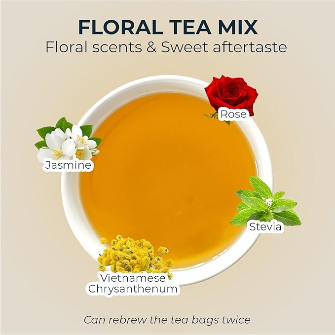Rose Tea, Re-Steep Chrysanthemum, Jasmine & Stevia Herbal Tea - 55 Count (+5 Tea Bags) Bamboo Tong Included - 4.37 oz, Relax,Support, Up Mood