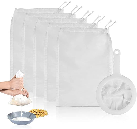 6 Pack - 200 Mesh Fine Mesh Strainer & Nut Milk Bags, Reusable Food Strainer - Food Grade BPA-Free - Ultra Strong Fine Nylon Mesh - Nutmilk, Juices, Cold Brew, Tea Coffee, Juice Soy