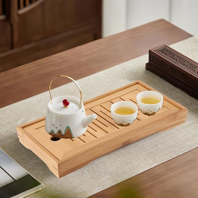 Joyzan Chinese Tea Tray, Mini Bamboo Small Gongfu Tea Table Set Japanese Serving Kung Fu Plate Drainage Reservoir Drawer Type Water Storage Box Chassis Wooden Home Office Household Teahouse Bar