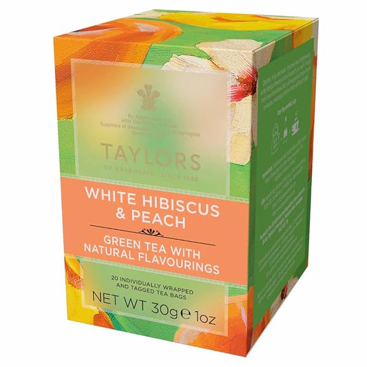 Taylors of Harrogate White Hibiscus & Peach, Green Tea Individually Wrapped Bags, 20 Count (Pack of 1), Delicate, Fruity and Sweet, Caffeinated, Enjoy Hot or Iced, 20 Teabags