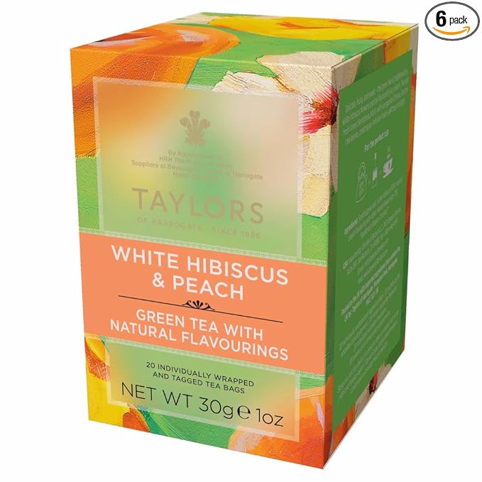 Taylors of Harrogate White Hibiscus & Peach, Green Tea Individually Wrapped Bags, 20 Count (Pack of 6), Delicate, Fruity and Sweet, Caffeinated