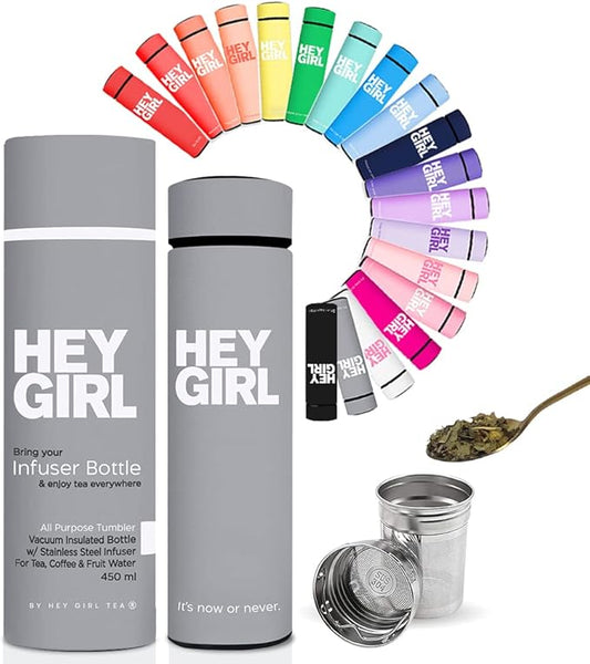 Hey Girl Tea Infuser Bottle 450ml - Insulated Stainless Steel Water Bottle - Tea Tumbler with Tea Diffuser - Portable Travel Mug for Loose Leaf Tea & Infused Water - Tea Lovers Gifts for Women