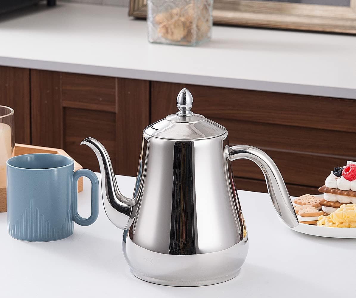 SANQIAHOME Stainless Steel Teapot with strainer Tea Pot With Removable Infuser or filter for Loose Leaf and Tea Bags cold water Pitcher Tea Maker Dishwasher Safe (silver, 1550ml(51Oz))