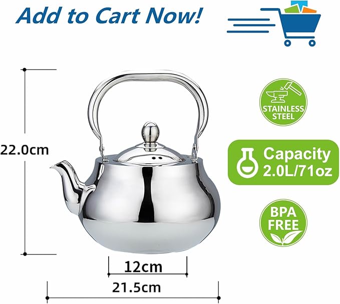 Sanqiahome Stainless Steel Teapot With Removeable Infuser 71 oz (2000ml) Thickened Mirror Polished Stovetop Tea Maker for Herbal and Infusion