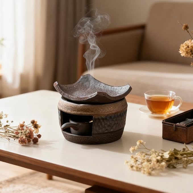 Ceramic Tea Stove Warmer Set, Cedar and Zen Aromatherapy Burner,Handmade Ceramic Candle Wax Melts Warmer with Tealight Holder,Multi-Functional Teapot and Heater,for Home Office Hotel Meditation (A)