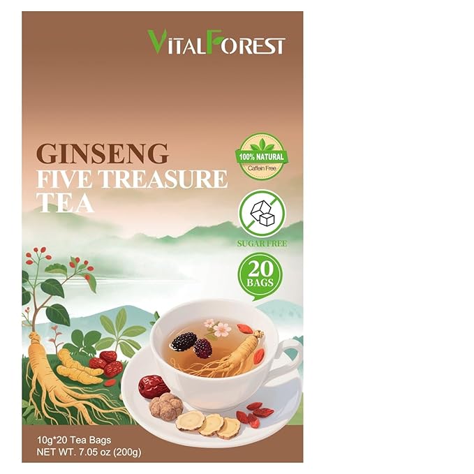 Herbal Tea Formula Ginseng Six Treasure Tea – 10g x 20 Bags Ginseng & Mulberry Herbal Tea Bags, Herbal Tea for Men & Women with Goji, Red Dates & Maca