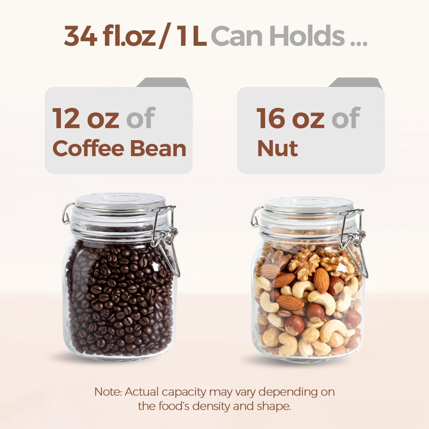 ComSaf Glass Storage Jars 34 oz 3 Pack for Flour Sugar, Coffee Canister | Airtight clamp lids, 3.3-inch wide mouth, four labels, Square clear canisters, tea, herbs, pickles and pantry organization