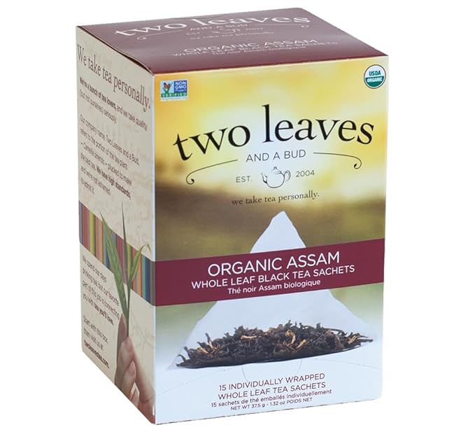 Two Leaves and a Bud Organic Assam Black Tea Bags, Whole Leaf Caffeinated Black Tea in Compostable Sachets, 15 Count (Pack of 1)