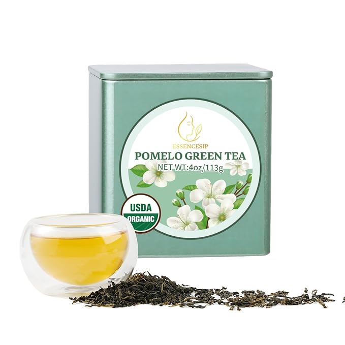 ESSENCESIP Pomelo Green Tea Loose Leaf 4oz - Traditional Scented Organic Green Tea Leaves with Fresh Blossoms, Refreshing Citrus Floral Aroma, Low Caffeine, Antioxidant-Rich, Reusable Tin