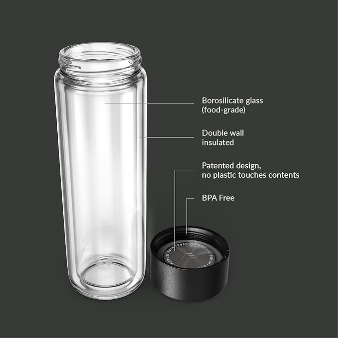 Glass Multi Tea Infuser Bottle 14oz - Double Wall Borosilicate Glass Flask, No Plastic Touches Contents, Perfect for Office or Home - Black