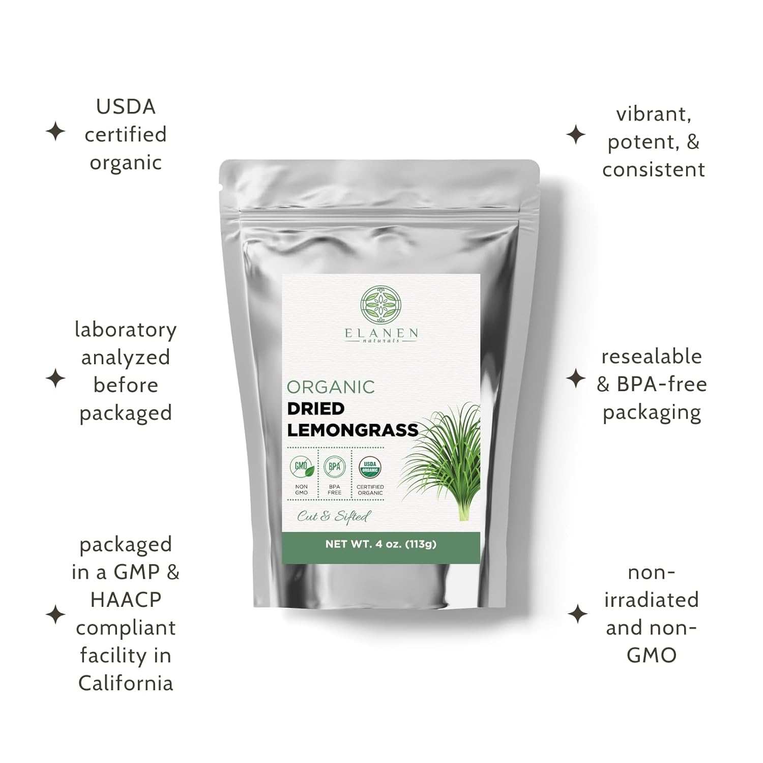 Elanen Naturals Organic Dried Lemongrass Tea 4 oz. (113g), USDA Certified Organic Lemon Grass Herb Leaf, Lemin Fever Grass, Te De Limon, Lemingrass Loose Leaves, Dried Lemongrass Bulk, Cut & Sifted