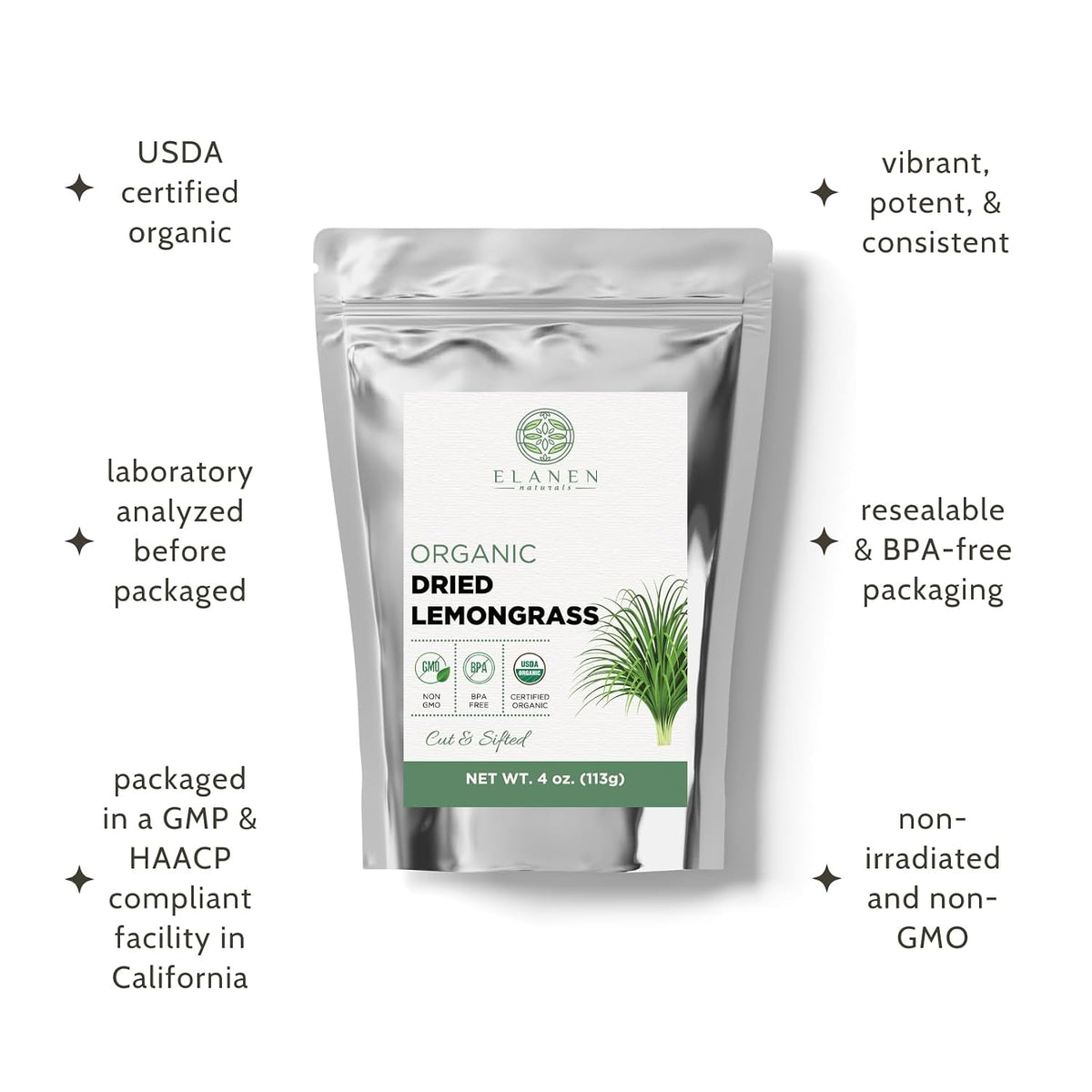 Elanen Naturals Organic Dried Lemongrass Tea 4 oz. (113g), USDA Certified Organic Lemon Grass Herb Leaf, Lemin Fever Grass, Te De Limon, Lemingrass Loose Leaves, Dried Lemongrass Bulk, Cut &amp; Sifted