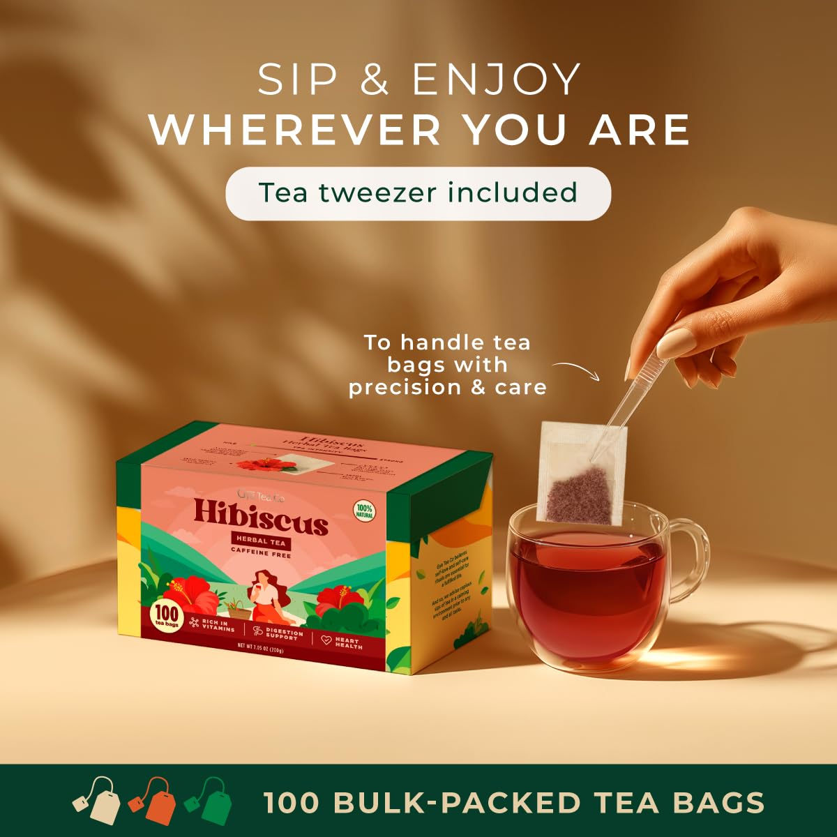 Hibiscus Tea Bags 100 Count - 100% Natural Caffeine Free Herbal Tea | Tart and Refreshing Tea - No Added Sugar, No Fillers - Hot or Iced - Non-GMO